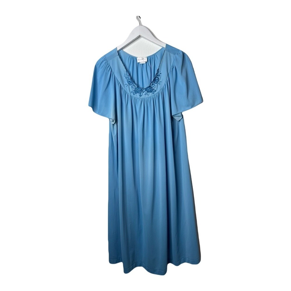Shadowline Nightgown Womens 2X Blue Floral Embroidered Flutter Sleeve Gown